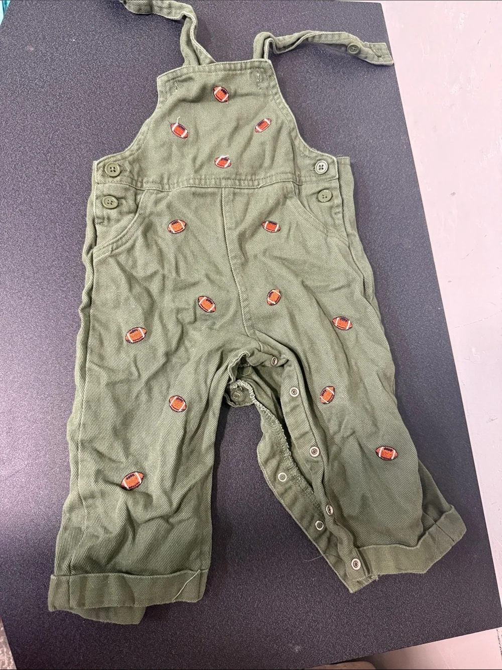 Little Me Green Overalls with Football Embroidery